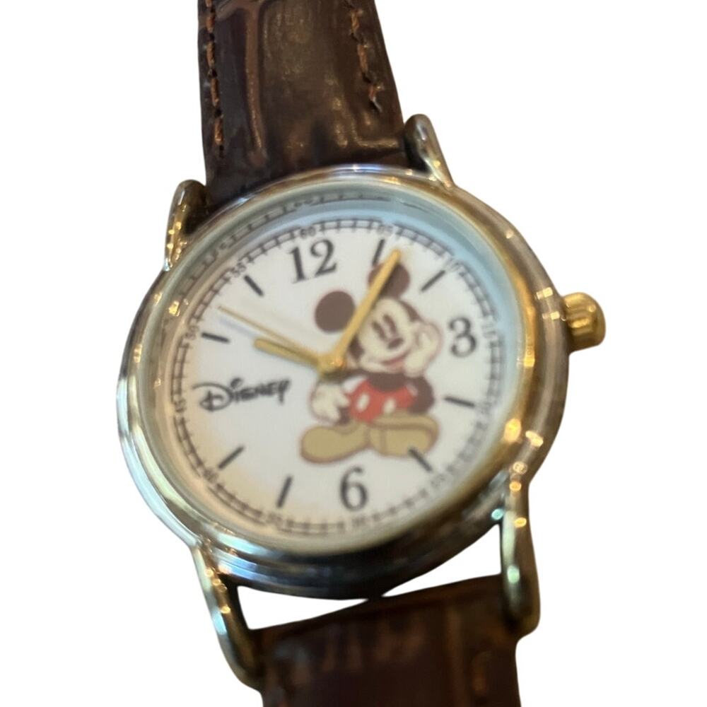Mickey Mouse Watch, Disney, Analog, Silver Tone, Brown Leather Band, New w/o Tag